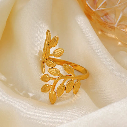 304 Stainless Steel 18K Gold Plated IG Style Plating Leaves Open Rings