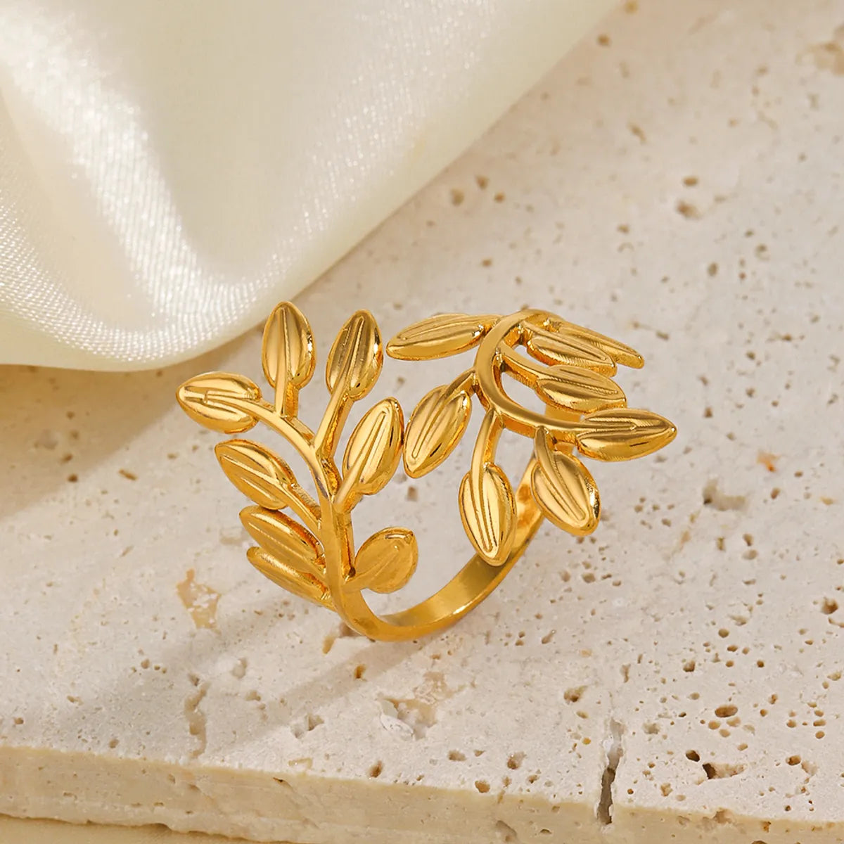 304 Stainless Steel 18K Gold Plated IG Style Plating Leaves Open Rings