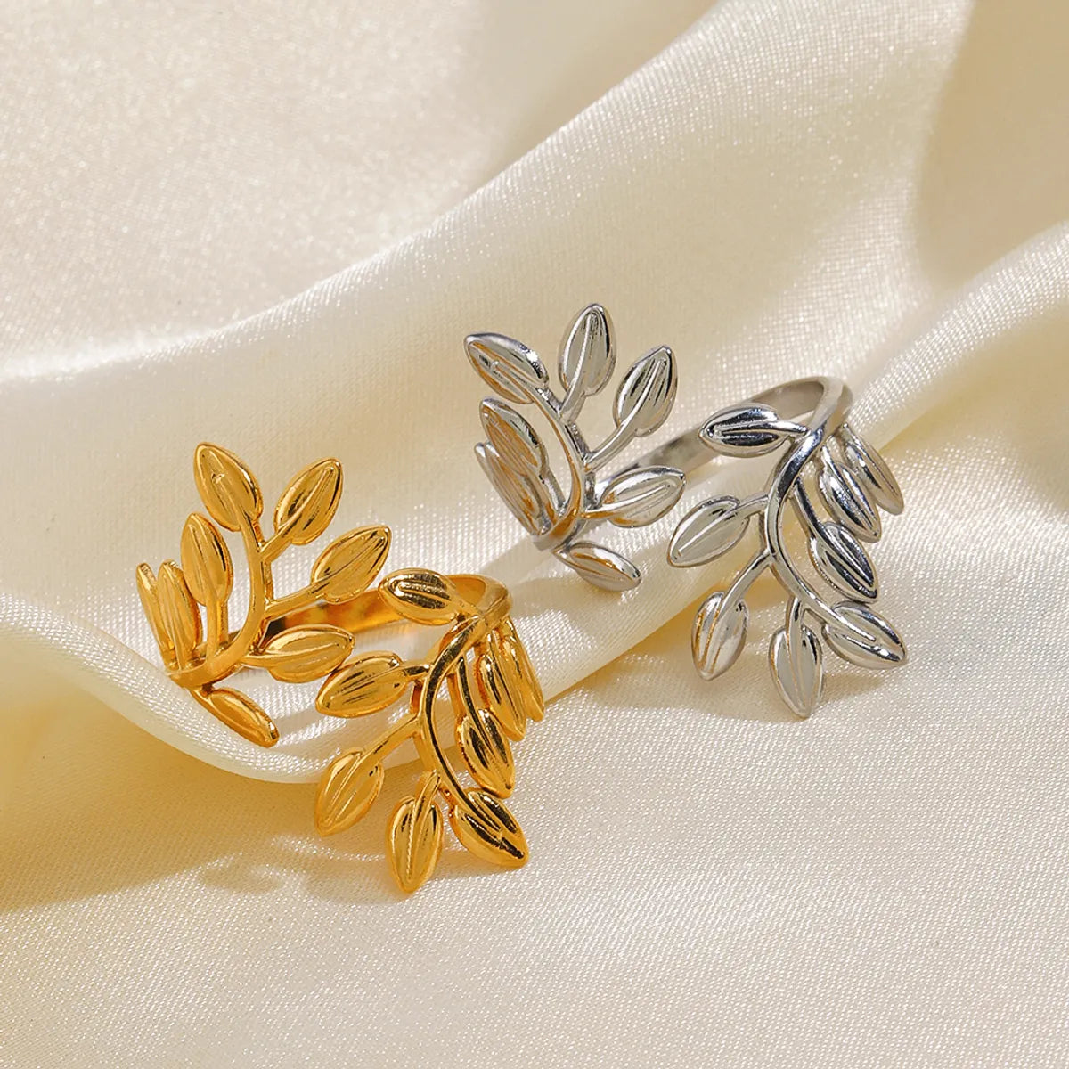 304 Stainless Steel 18K Gold Plated IG Style Plating Leaves Open Rings