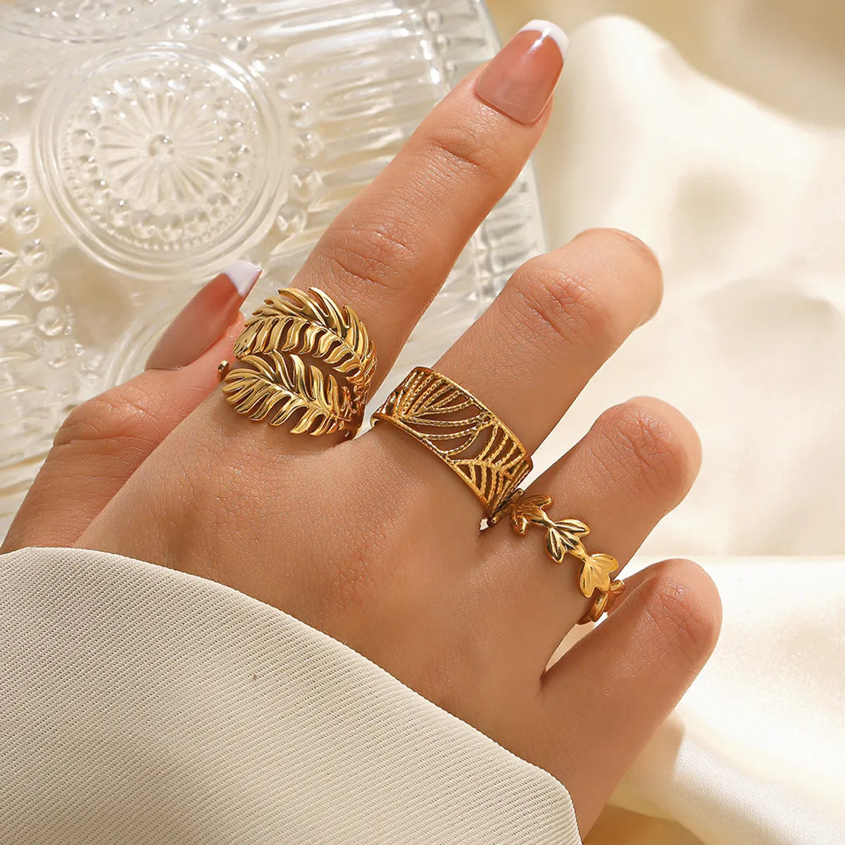 Ig Style Leaves Stainless Steel Plating 18k Gold Plated Open Rings