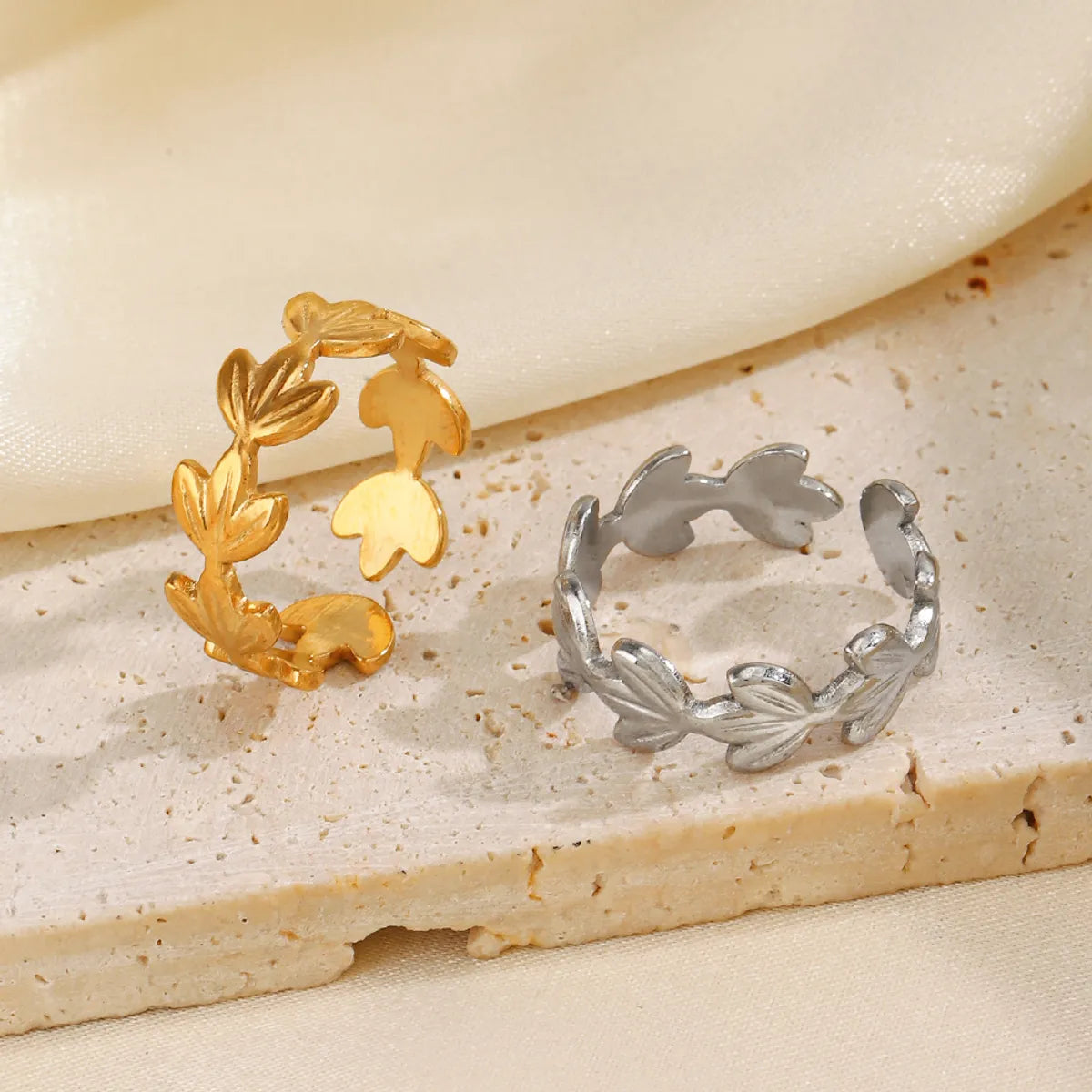 Ig Style Leaves Stainless Steel Plating 18k Gold Plated Open Rings