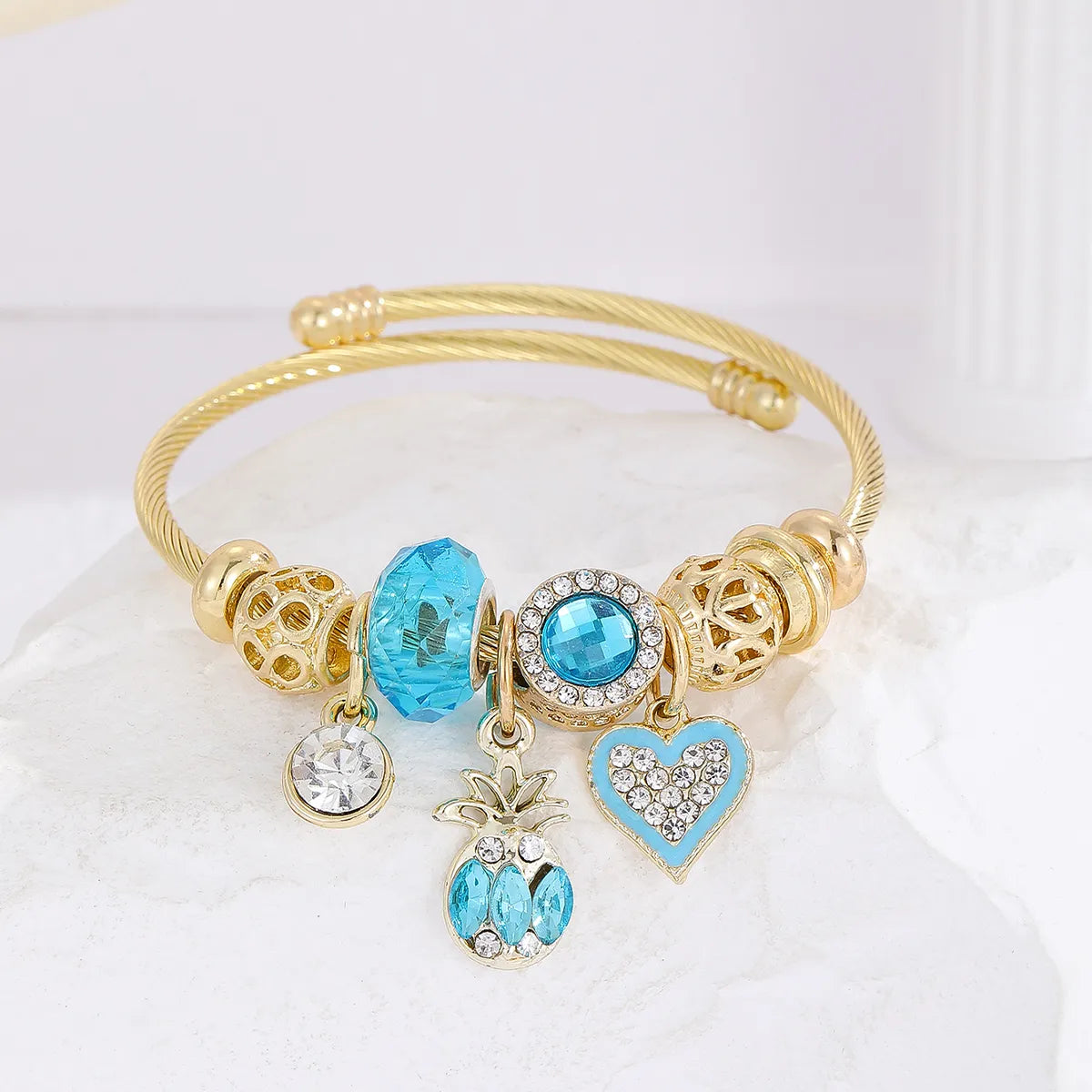 IG Style Modern Style Classic Style Bear Heart Shape Pineapple 304 Stainless Steel Alloy Gold Plated Artificial Crystal Rhinestones Bangle In Bulk