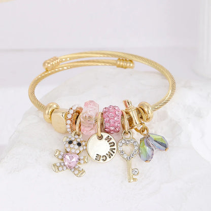 IG Style Modern Style Classic Style Bear Heart Shape Pineapple 304 Stainless Steel Alloy Gold Plated Artificial Crystal Rhinestones Bangle In Bulk