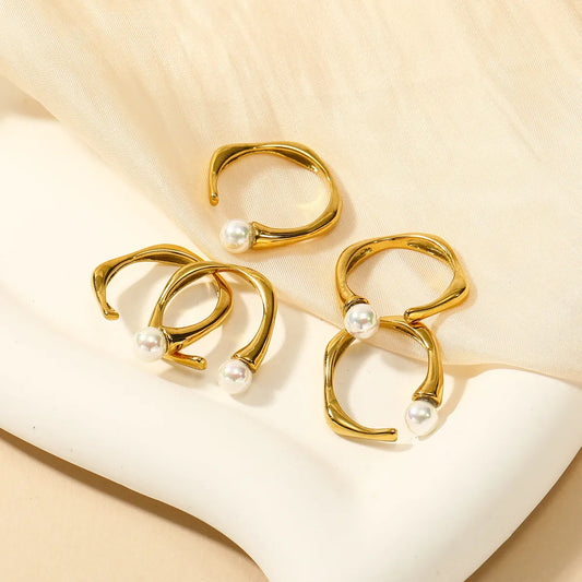 Ig Style Modern Style Geometric Stainless Steel Polishing Inlay Pearl 18k Gold Plated Rings