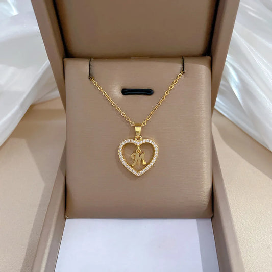 Ig Style Modern Style Simple Style Letter Heart Shape Titanium Steel Copper Inlay Artificial Gemstones Pendant Necklace