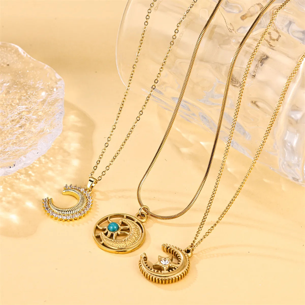 Ig Style Moon Stainless Steel Zircon 18k Gold Plated Pendant Necklace