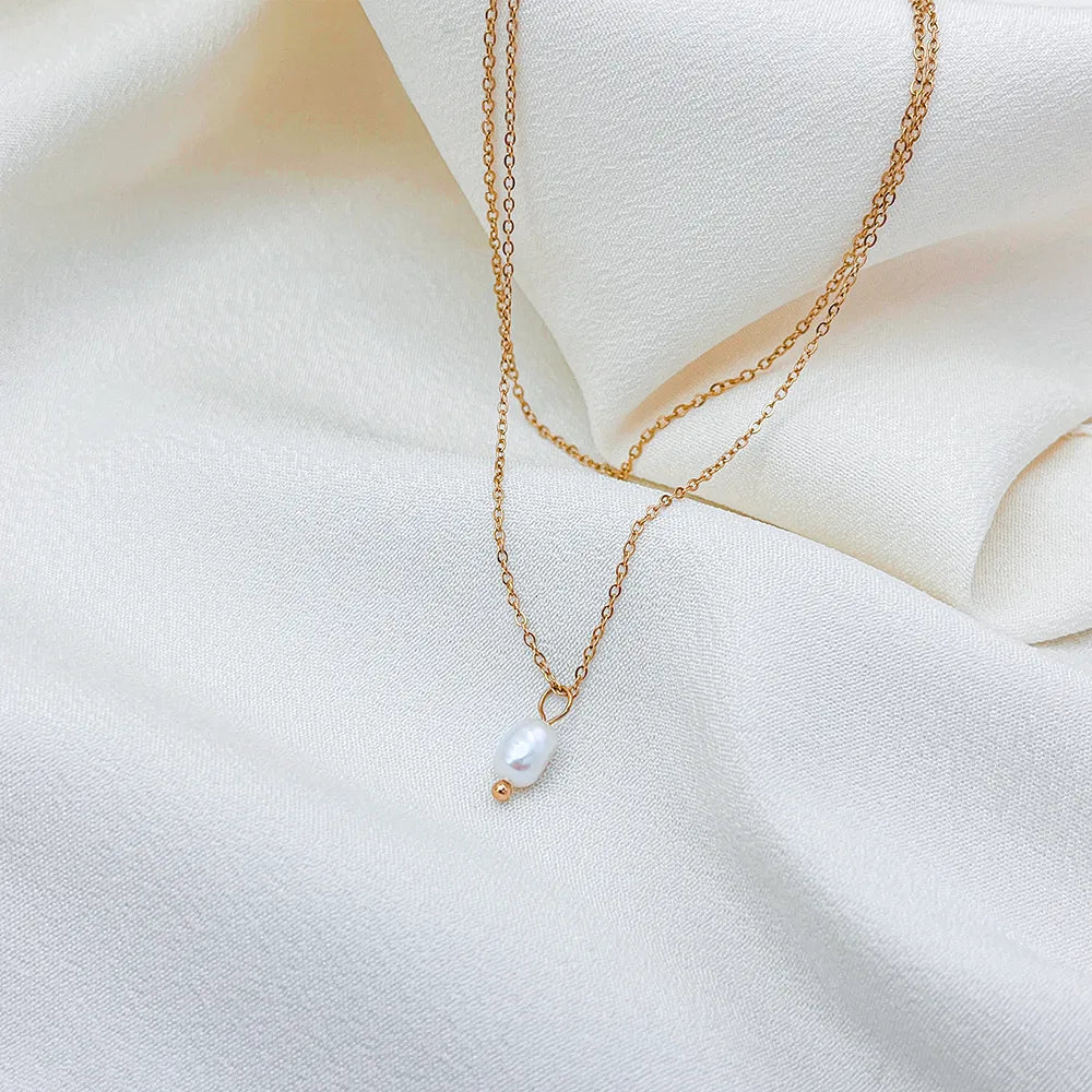 IG Style Princess Romantic Geometric 14K Gold Plated 304 Stainless Steel Baroque Pearls Wholesale Double Layer Necklaces