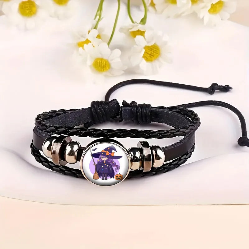 IG Style Punk Halloween Pattern Pu Leather Glass Drawstring Inlay Glass Halloween Unisex Drawstring Bracelets