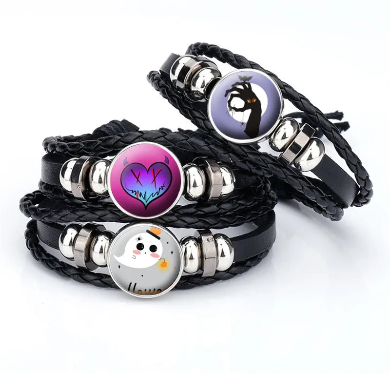 IG Style Punk Halloween Pattern Pu Leather Glass Drawstring Inlay Glass Halloween Unisex Drawstring Bracelets