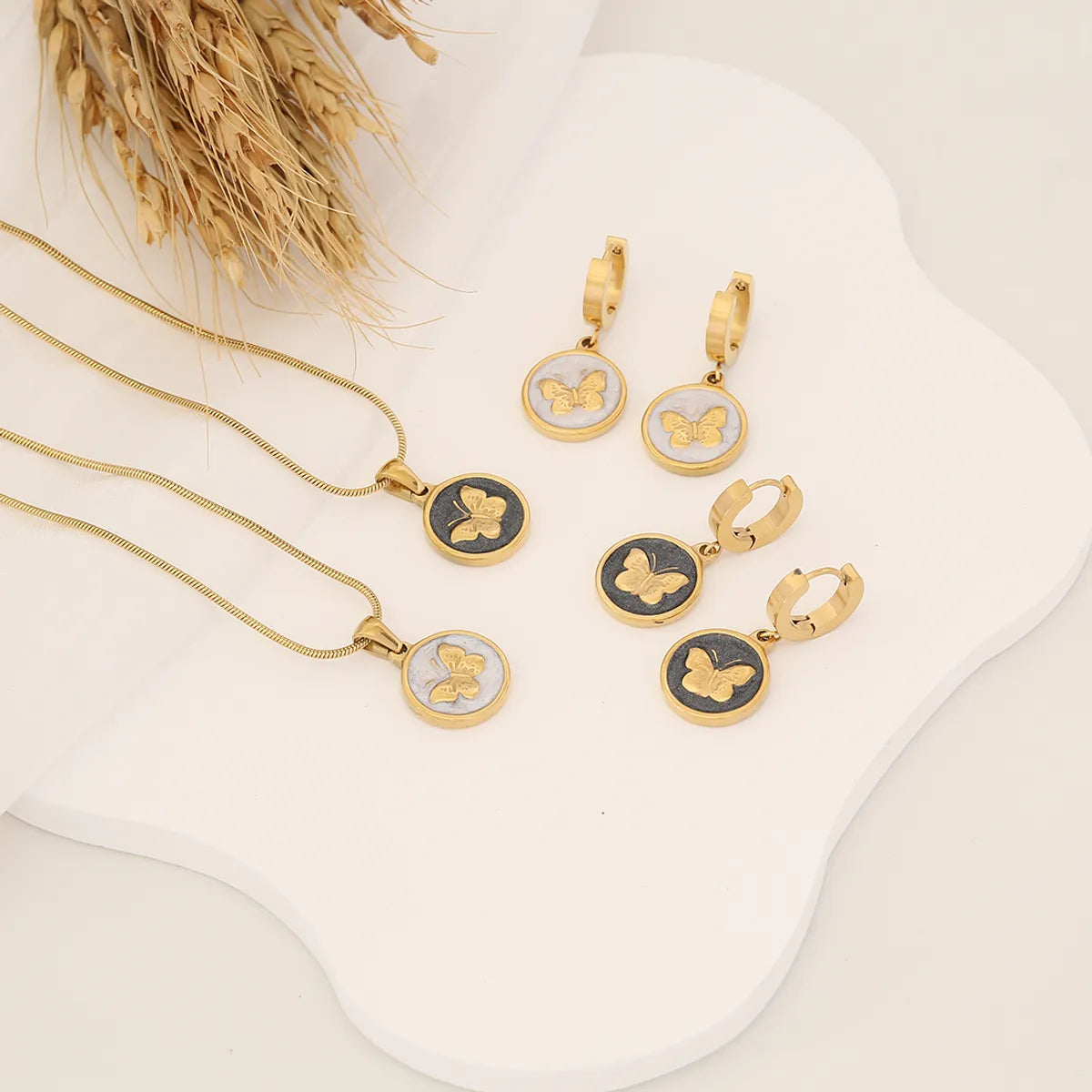 Ig Style Retro Butterfly Stainless Steel Enamel Plating Earrings Necklace