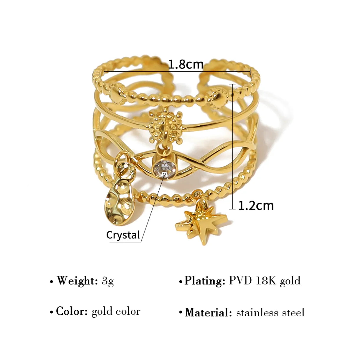 Ig Style Retro French Style Hexagram Stainless Steel Plating Inlay Zircon 18k Gold Plated Open Rings