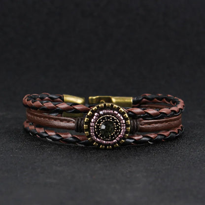 IG Style Retro Geometric Pu Leather Alloy Seed Bead Layered Inlay Rhinestones Unisex Bangle