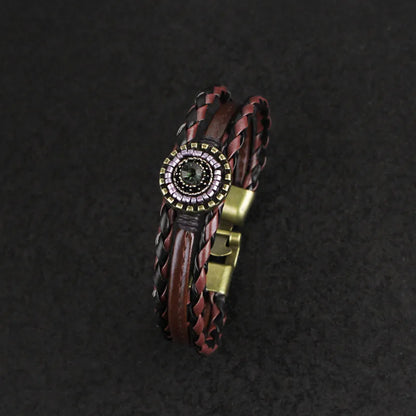 IG Style Retro Geometric Pu Leather Alloy Seed Bead Layered Inlay Rhinestones Unisex Bangle