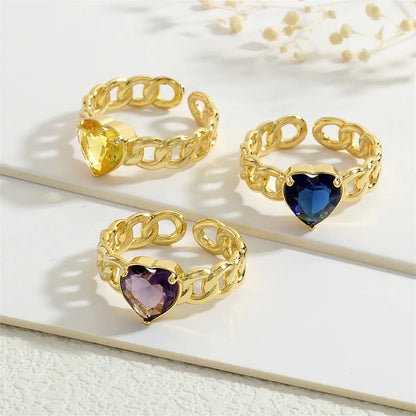 Ig Style Retro Heart Shape Copper Plating Inlay Zircon 18k Gold Plated Open Rings