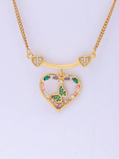 Ig Style Retro Heart Shape Stainless Steel Brass Plating Inlay Artificial Gemstones 18k Gold Plated Charms Pendant Necklace