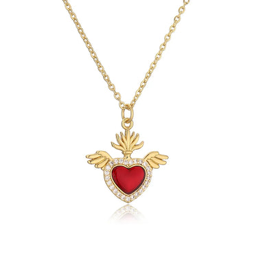 Ig Style Retro Heart Shape Wings Copper Plating Inlay Zircon Gold Plated Pendant Necklace