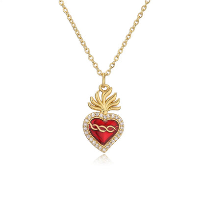 Ig Style Retro Heart Shape Wings Copper Plating Inlay Zircon Gold Plated Pendant Necklace