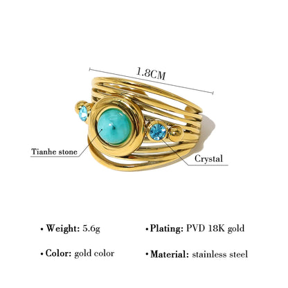 Ig Style Retro Round Stainless Steel 18k Gold Plated Natural Stone Crystal Open Rings In Bulk