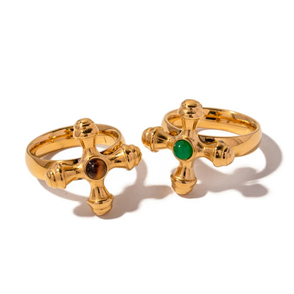 Ig Style Retro Streetwear Cross Stainless Steel Plating Inlay Artificial Gemstones 18k Gold Plated Rings