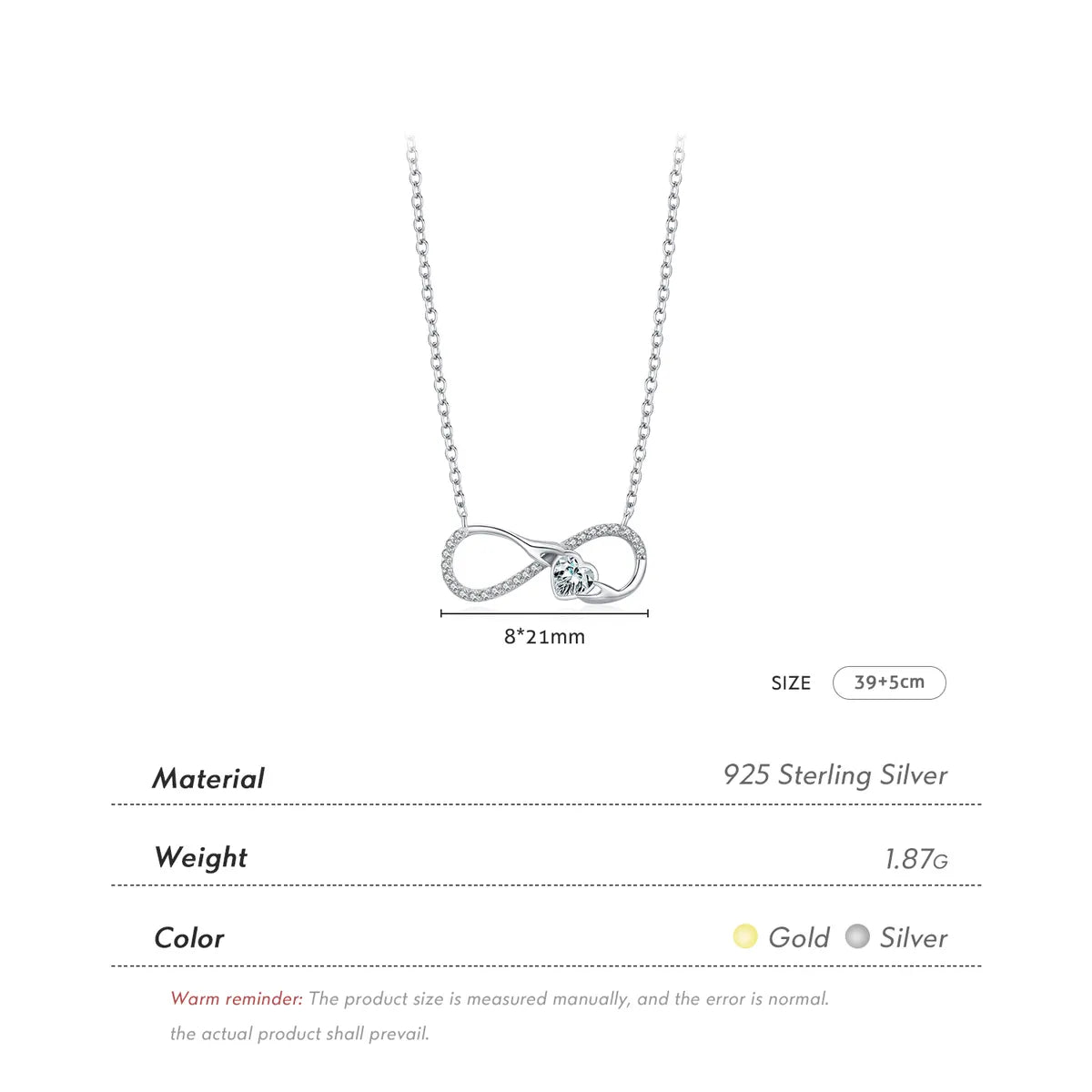 Ig Style Romantic Sweet Infinity Sterling Silver 14k Gold Plated Rhodium Plated Zircon Necklace In Bulk