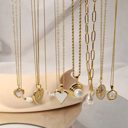 Ig Style Round Oval Heart Shape Stainless Steel Imitation Pearl Plating Inlay Shell 18k Gold Plated Pendant Necklace