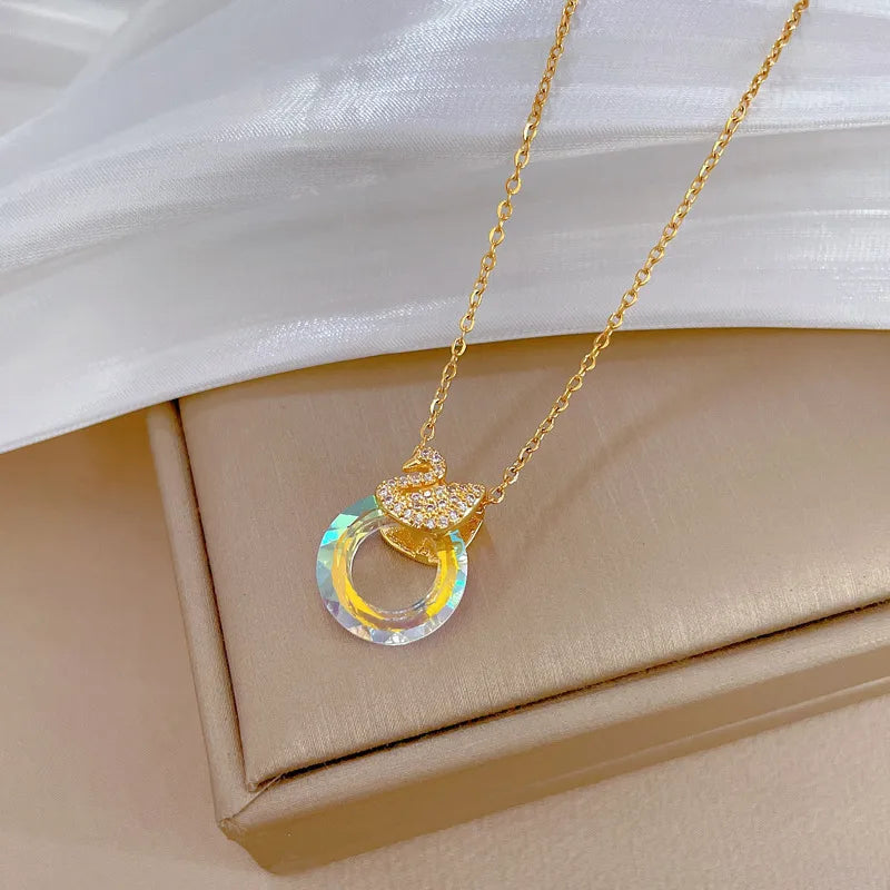 Titanium Steel Copper IG Style Inlay Round Swan Artificial Gemstones Rhinestones Pendant Necklace