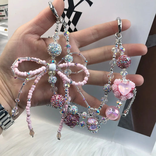 IG Style Shiny Bow Knot Beaded Beaded Inlay Rhinestones Bag Pendant Mobile Phone Chain