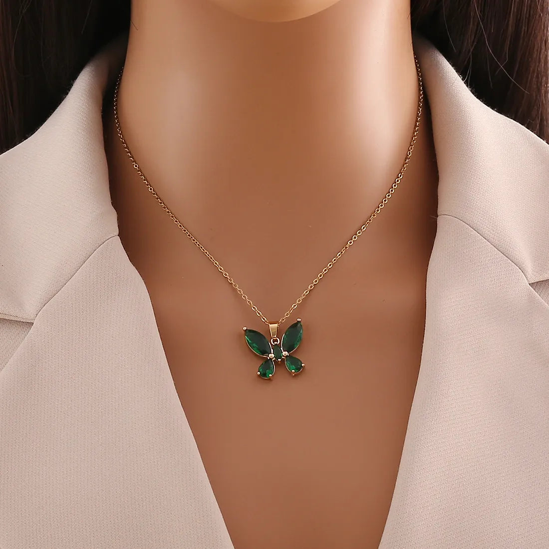 Wholesale IG Style Shiny Butterfly 304 Stainless Steel Inlay 18K Gold Plated Glass Pendant Necklace