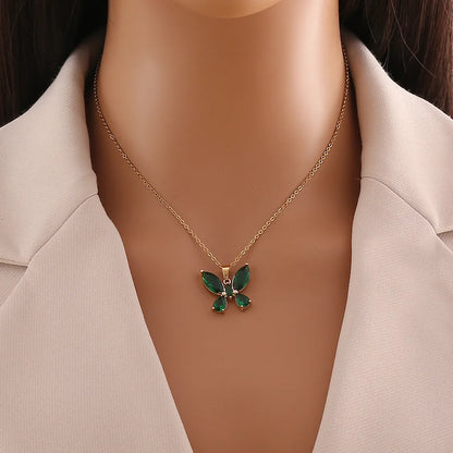 Wholesale IG Style Shiny Butterfly 304 Stainless Steel Inlay 18K Gold Plated Glass Pendant Necklace