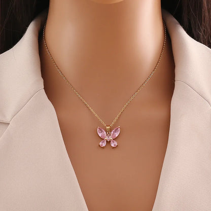 Wholesale IG Style Shiny Butterfly 304 Stainless Steel Inlay 18K Gold Plated Glass Pendant Necklace