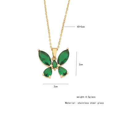 Wholesale IG Style Shiny Butterfly 304 Stainless Steel Inlay 18K Gold Plated Glass Pendant Necklace