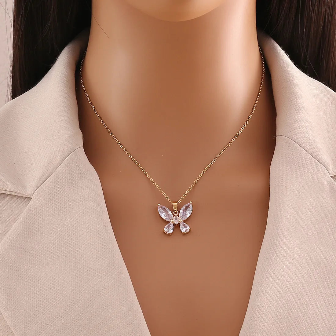 Wholesale IG Style Shiny Butterfly 304 Stainless Steel Inlay 18K Gold Plated Glass Pendant Necklace