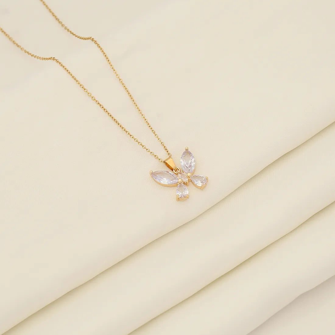 Wholesale IG Style Shiny Butterfly 304 Stainless Steel Inlay 18K Gold Plated Glass Pendant Necklace