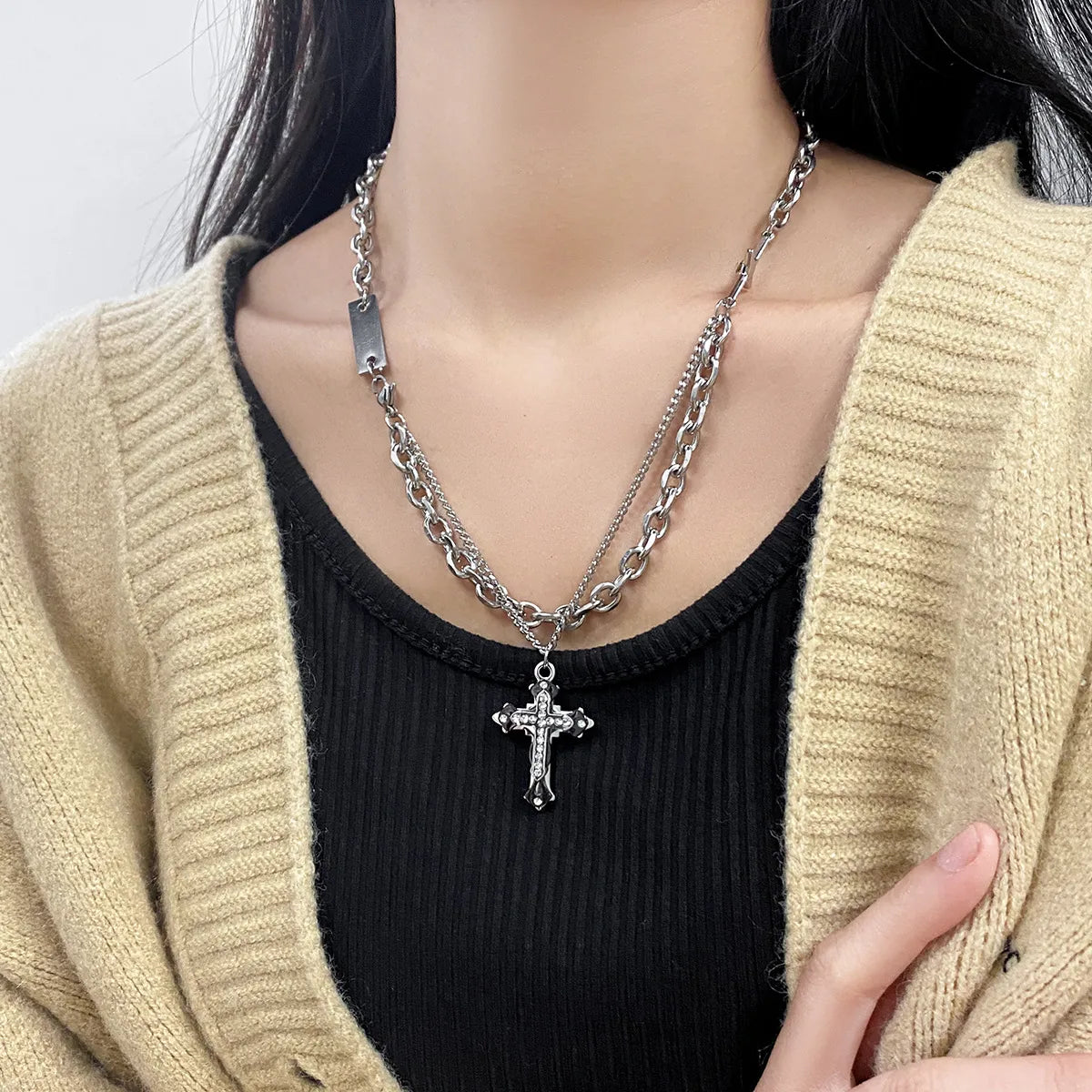 IG Style Shiny Cross Star Alloy Titanium Steel Plating Inlay Zircon Unisex Pendant Necklace