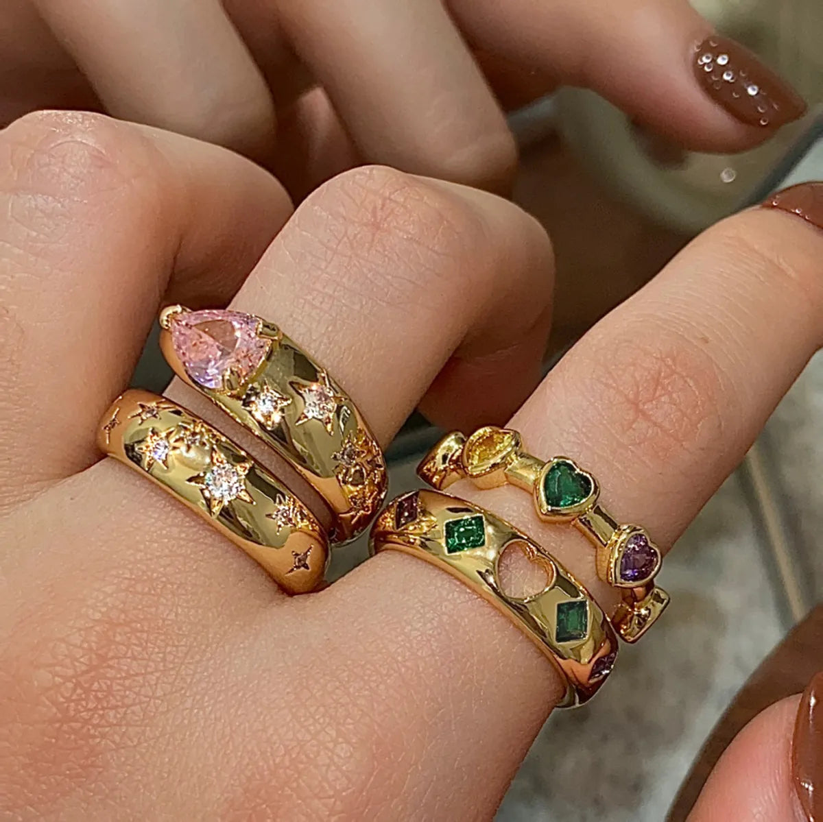 Ig Style Shiny Heart Shape Copper Plating Inlay Zircon Open Rings