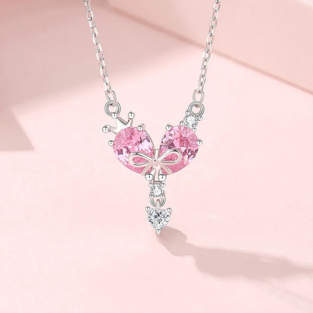 Ig Style Shiny Heart Shape Crown Bow Knot Sterling Silver Polishing Plating Inlay Zircon Pendant Necklace