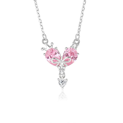 Ig Style Shiny Heart Shape Crown Bow Knot Sterling Silver Polishing Plating Inlay Zircon Pendant Necklace