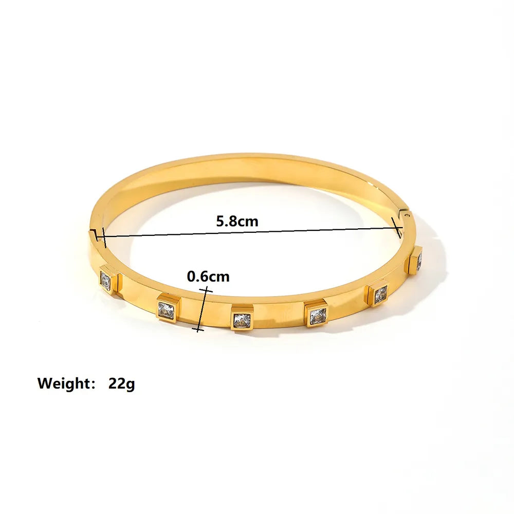 Ig Style Shiny Square Titanium Steel Plating Inlay Zircon 18k Gold Plated Bangle