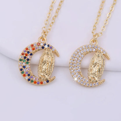 Ig Style Shiny Virgin Mary Moon Copper Plating Inlay Zircon 18k Gold Plated Pendant Necklace