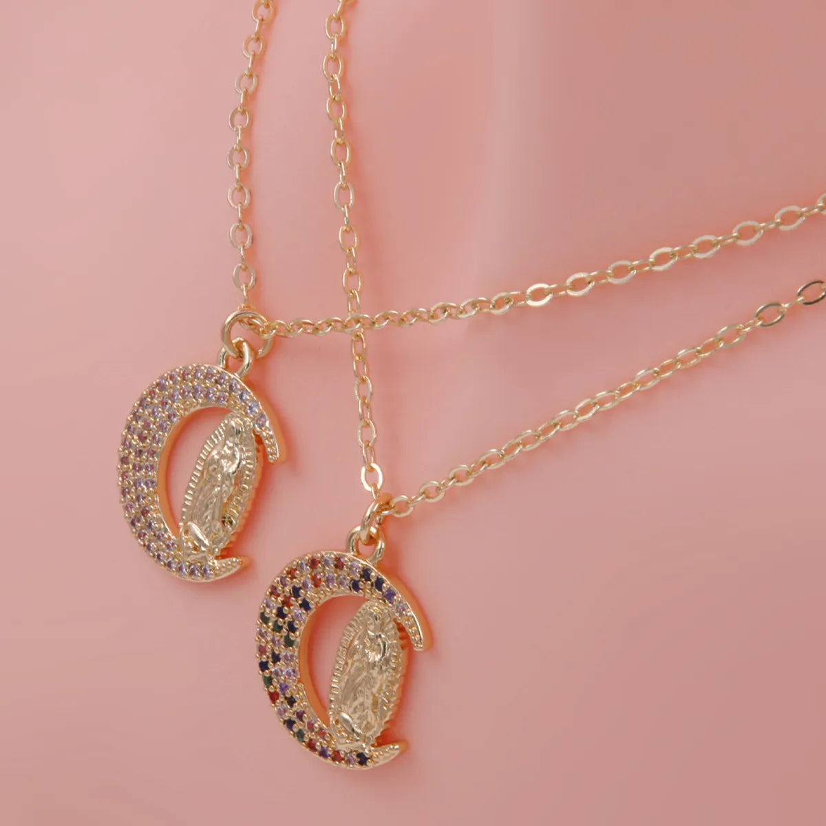 Ig Style Shiny Virgin Mary Moon Copper Plating Inlay Zircon 18k Gold Plated Pendant Necklace