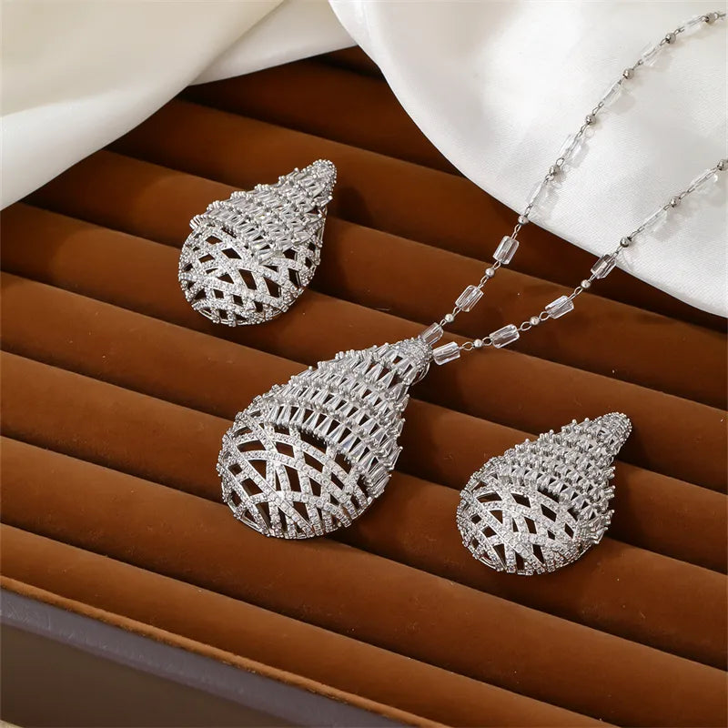 Ig Style Shiny Water Droplets Copper Plating Hollow Out Inlay Zircon White Gold Plated Jewelry Set