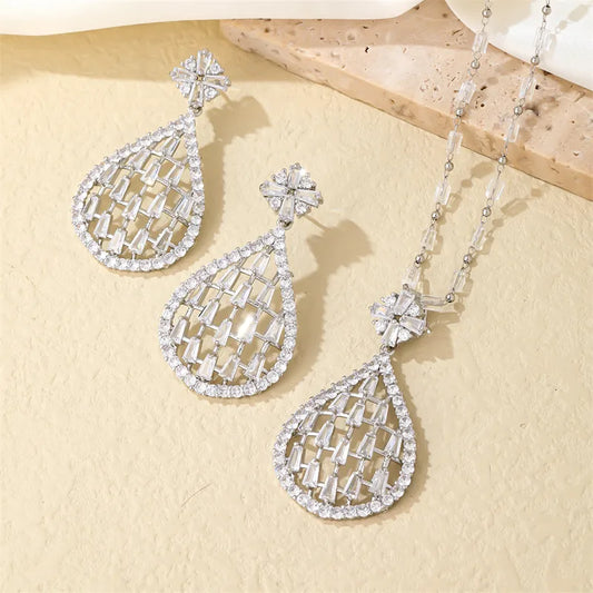 Ig Style Shiny Water Droplets Copper Plating Inlay Zircon White Gold Plated Jewelry Set