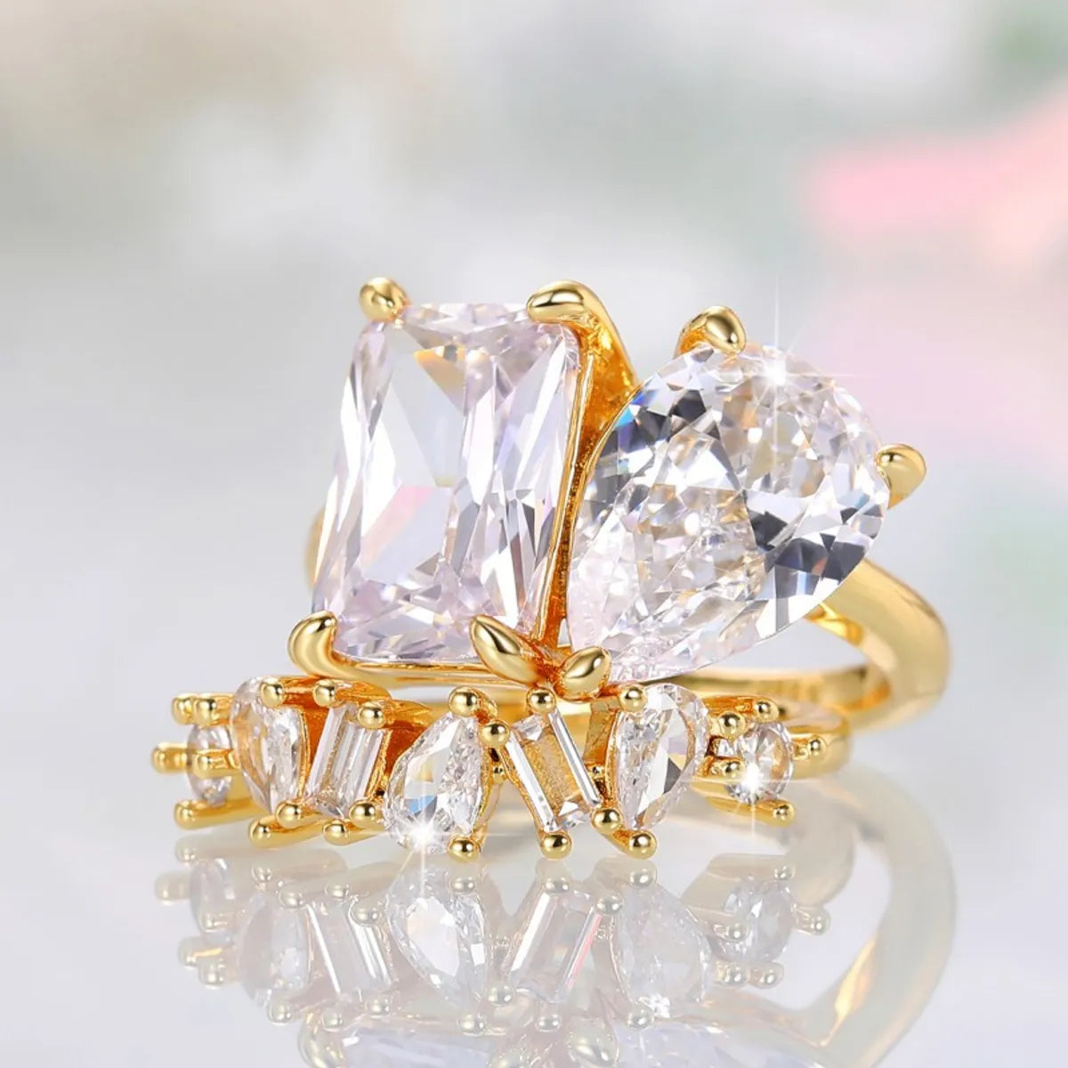 Ig Style Shiny Water Droplets Rectangle Copper Inlay Zircon Rings