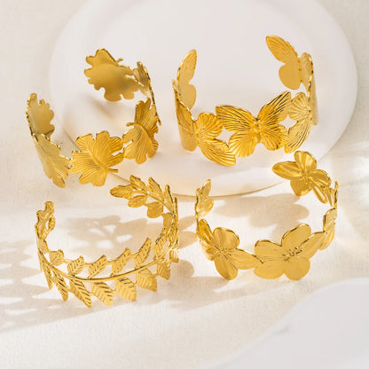 Ig Style Simple Style Animal Leaf Flower Stainless Steel Plating Inlay Zircon Gold Plated Bangle