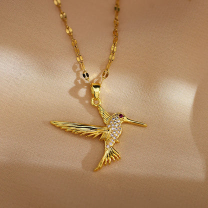 Wholesale Jewelry IG Style Simple Style Bird Titanium Steel Copper Zircon Gold Plated Enamel Plating Inlay Pendant Necklace