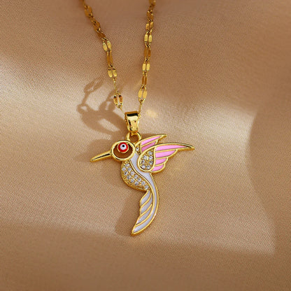 Wholesale Jewelry IG Style Simple Style Bird Titanium Steel Copper Zircon Gold Plated Enamel Plating Inlay Pendant Necklace