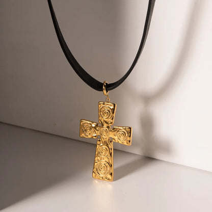 IG Style Simple Style Cross 304 Stainless Steel Leather Rope 18K Gold Plated Women's Pendant Necklace