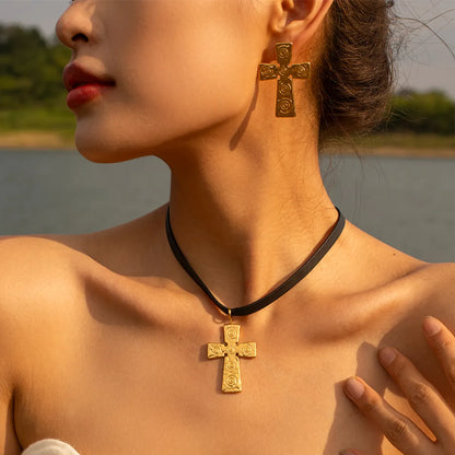 IG Style Simple Style Cross 304 Stainless Steel Leather Rope 18K Gold Plated Women's Pendant Necklace