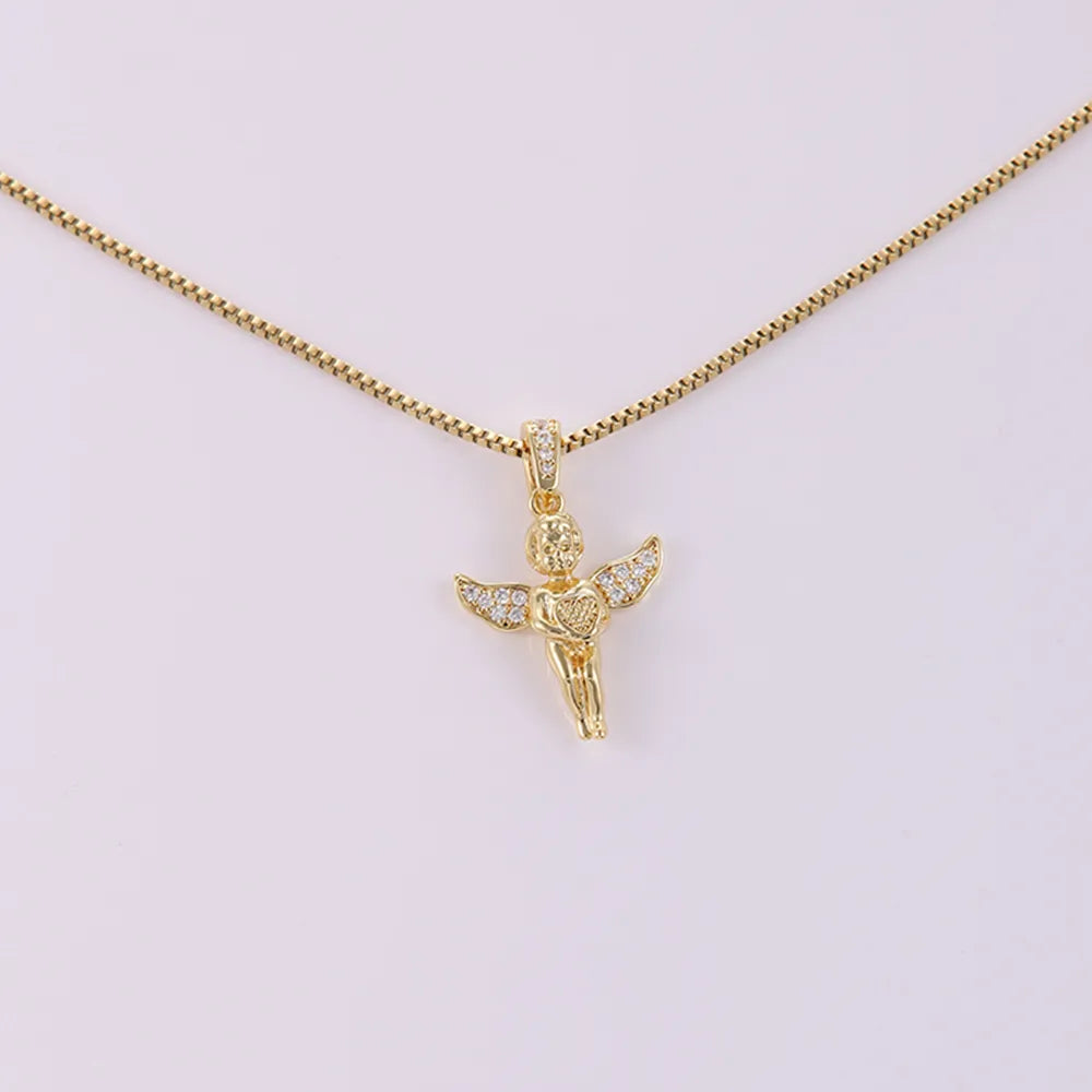 Stainless Steel Copper 18K Gold Plated IG Style Simple Style Plating Inlay Cross Heart Shape Wings Zircon Pendant Necklace