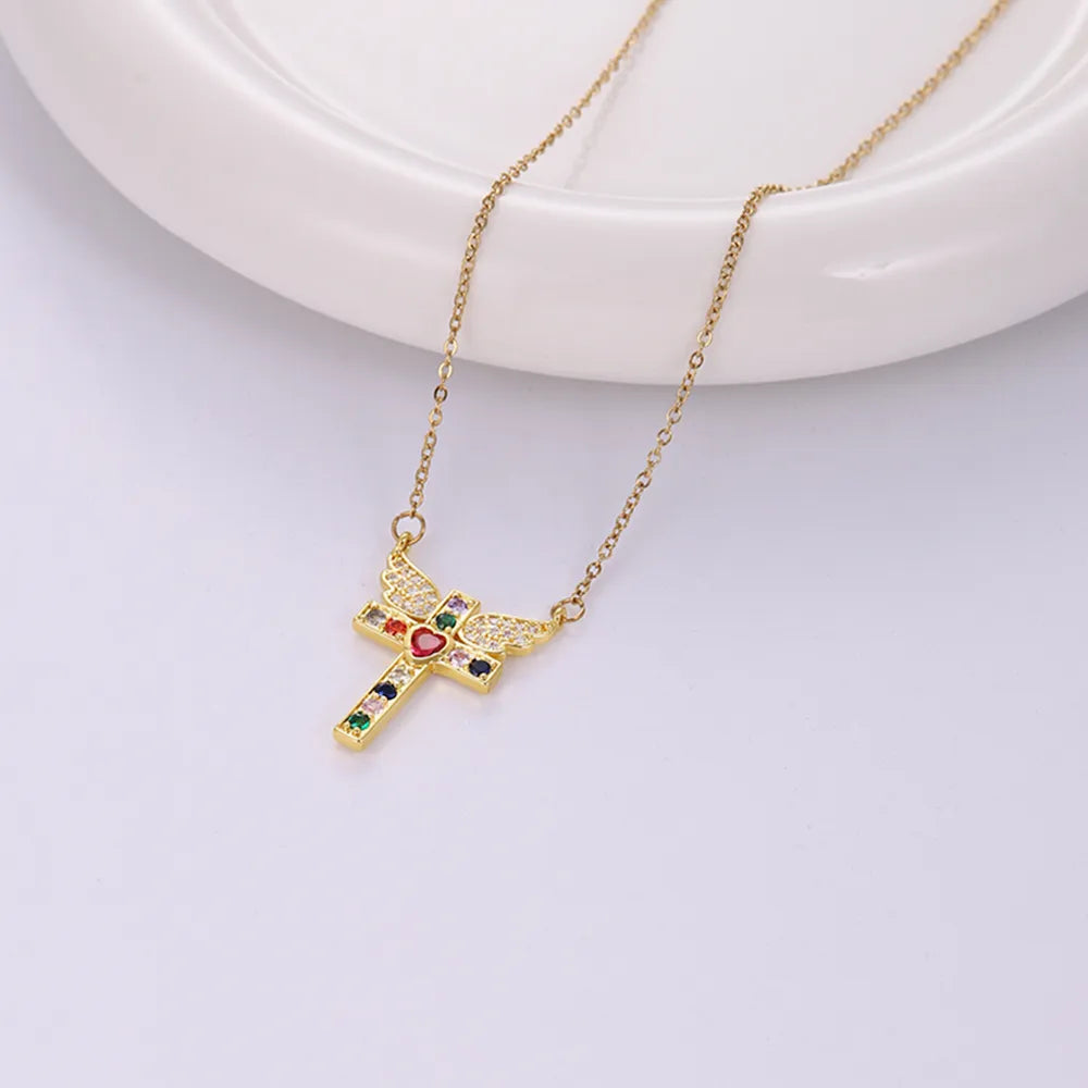 Stainless Steel Copper 18K Gold Plated IG Style Simple Style Plating Inlay Cross Heart Shape Wings Zircon Pendant Necklace